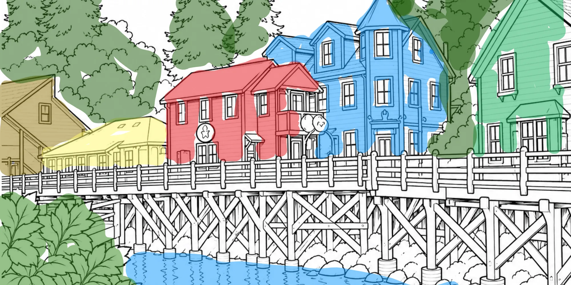 A Little Ports coloring page of the Ketchikan boardwalk with colorful buildings over the water, partly colored in