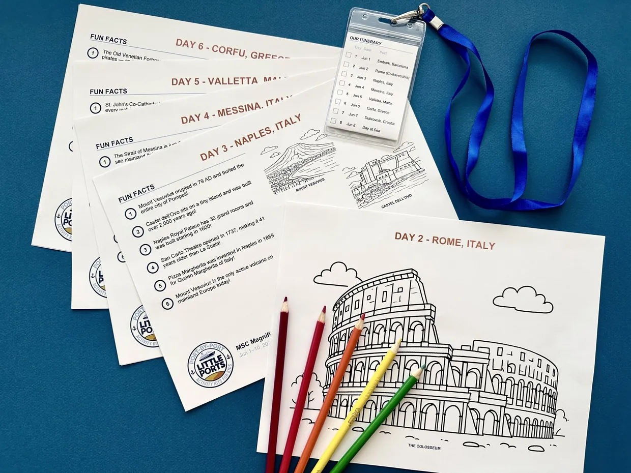 Sample port cards with fun facts, a lanyard itinerary and colored pencils